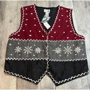 Paul Harris Design Wool Vest Womens XL Gray Patchwork Snowflakes Embroidered NEW